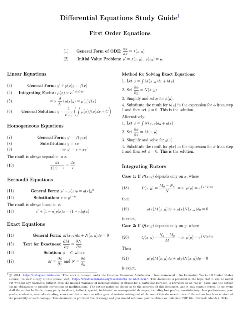 Differential Equations Study Guide Rates Equations