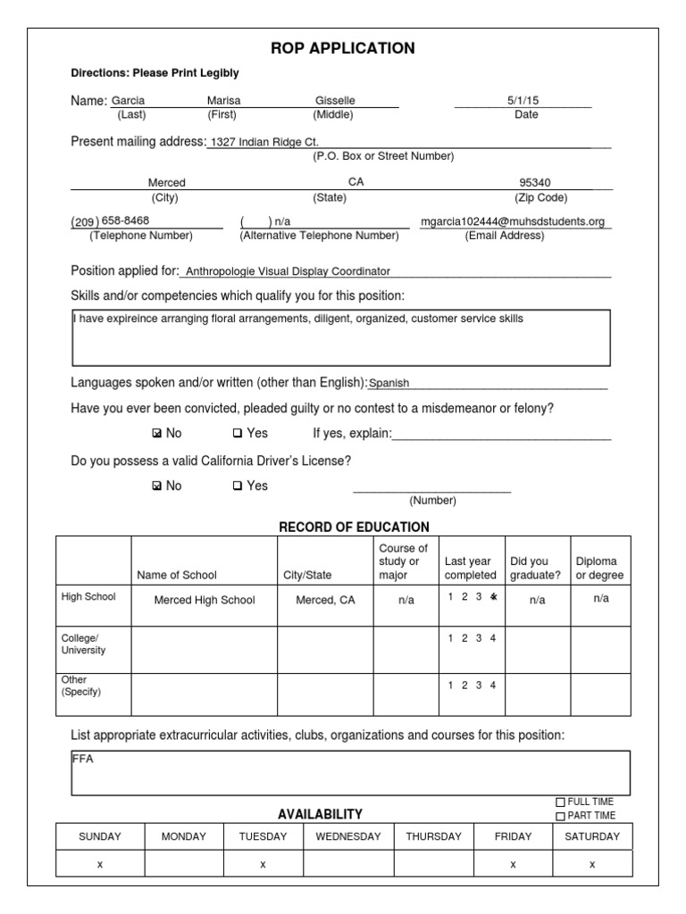 ROP Application Form Template | PDF