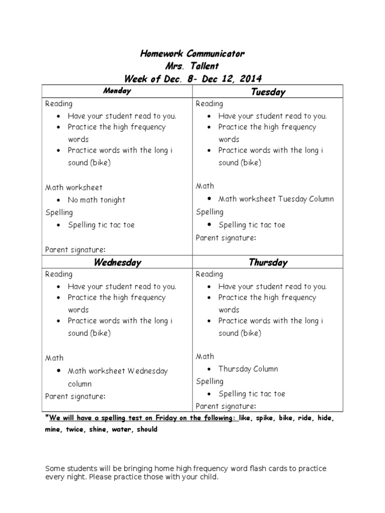 Weekly Homework Overview: Dec 8-12 | PDF