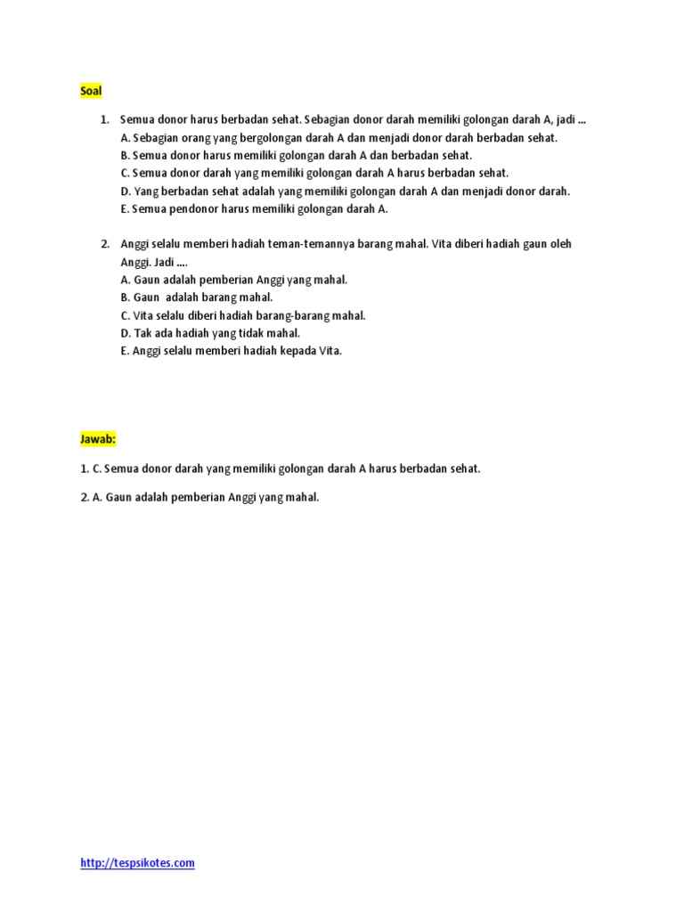 Download Soal Tes Psikotes Tpa Logika Silogisme Gratis Pdf