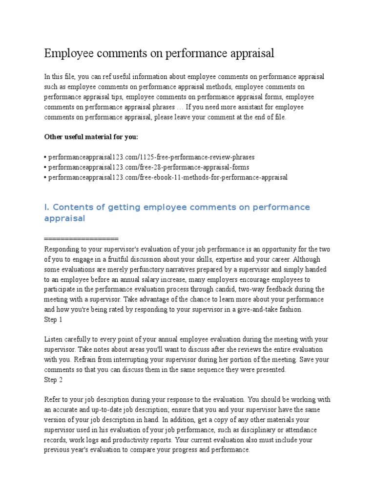 Employee Comments On Performance Appraisal | PDF | Performance 