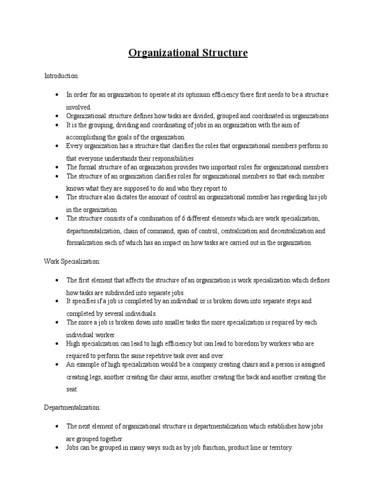 essay question about organizational structure