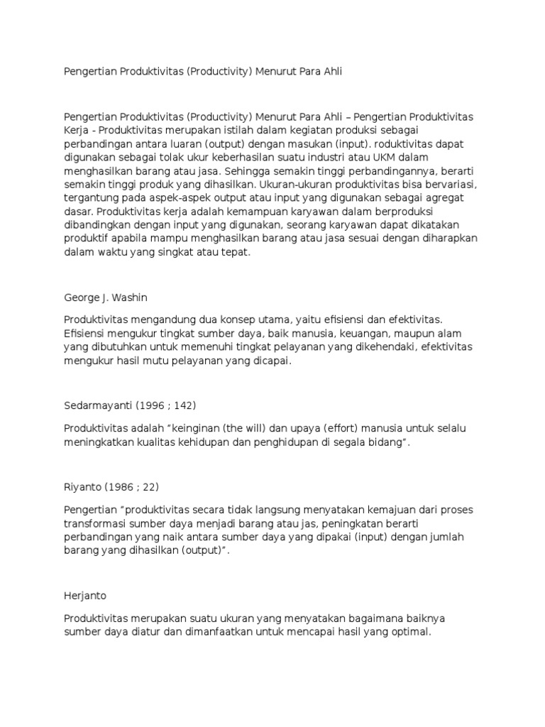 Pengertian Produktivitas Menurut Para Ahli Pdf