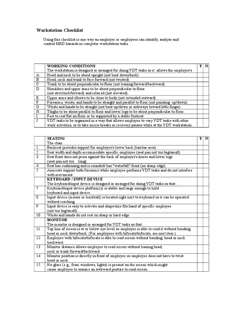 Workstation Checklist Computer Keyboard Chair