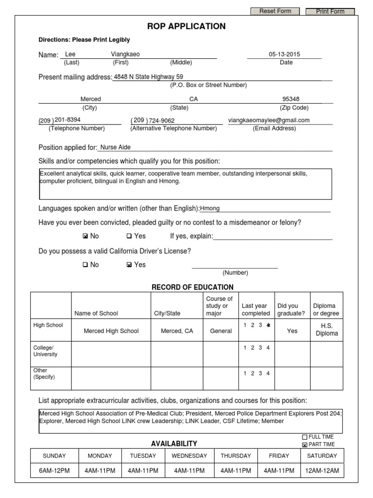 Rop Job Application With Availability Fillable For Website | PDF | Violence