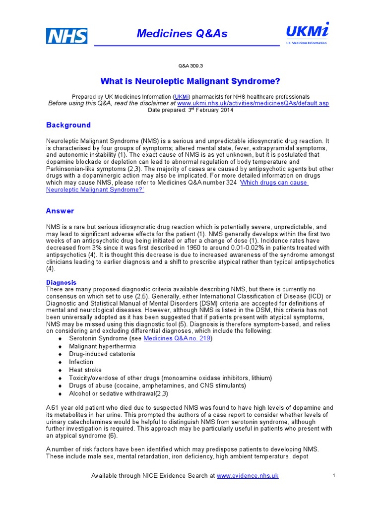 Neuroleptic Malignant Syndrome Overview | PDF