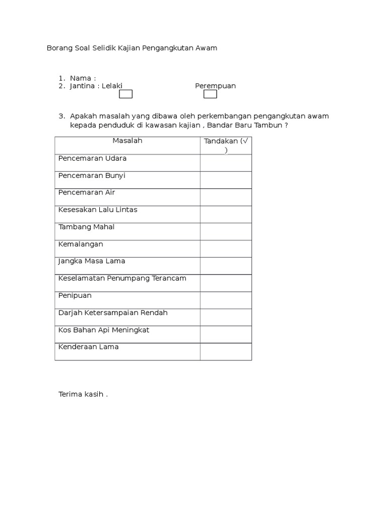 Contoh Borang Soal Selidik Keselamatan Jalan Raya