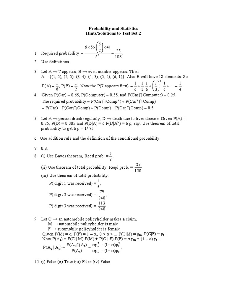 Probability and Statistics Hints/Solutions To Test Set 2 | PDF ...