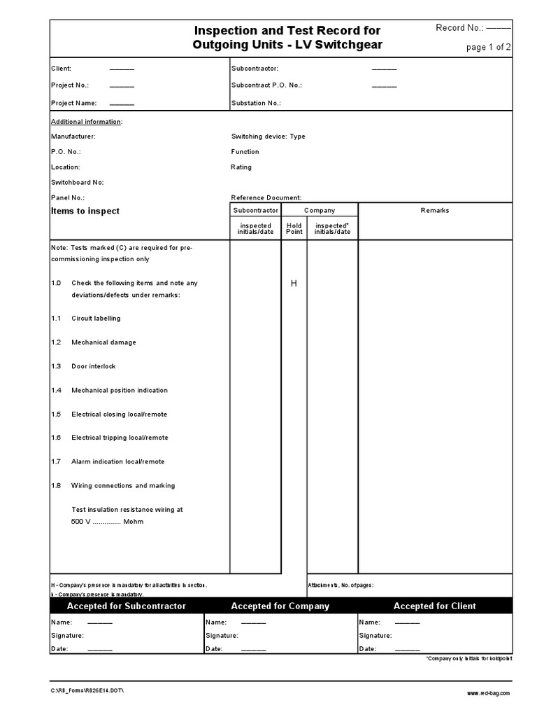 LV Switchgear Inspection Record | PDF