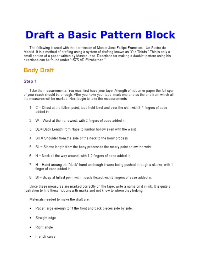 Draft A Basic Pattern Block | PDF | Anthropometry | Clothing