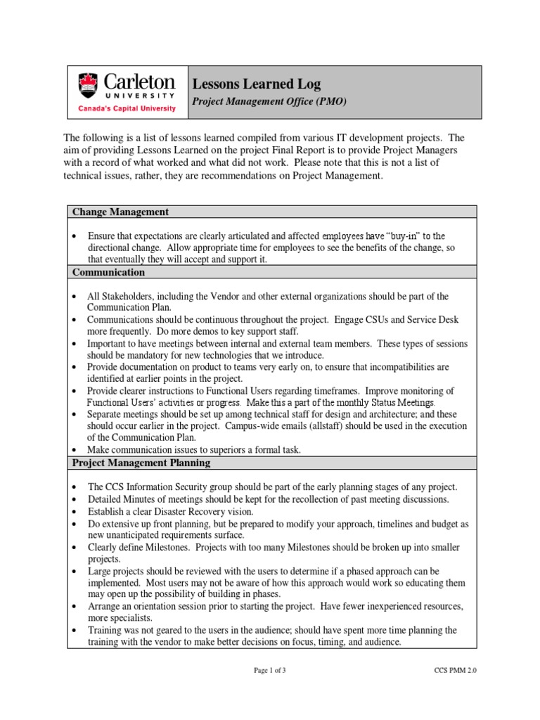 Lessons Learned | Business Process | Project Management