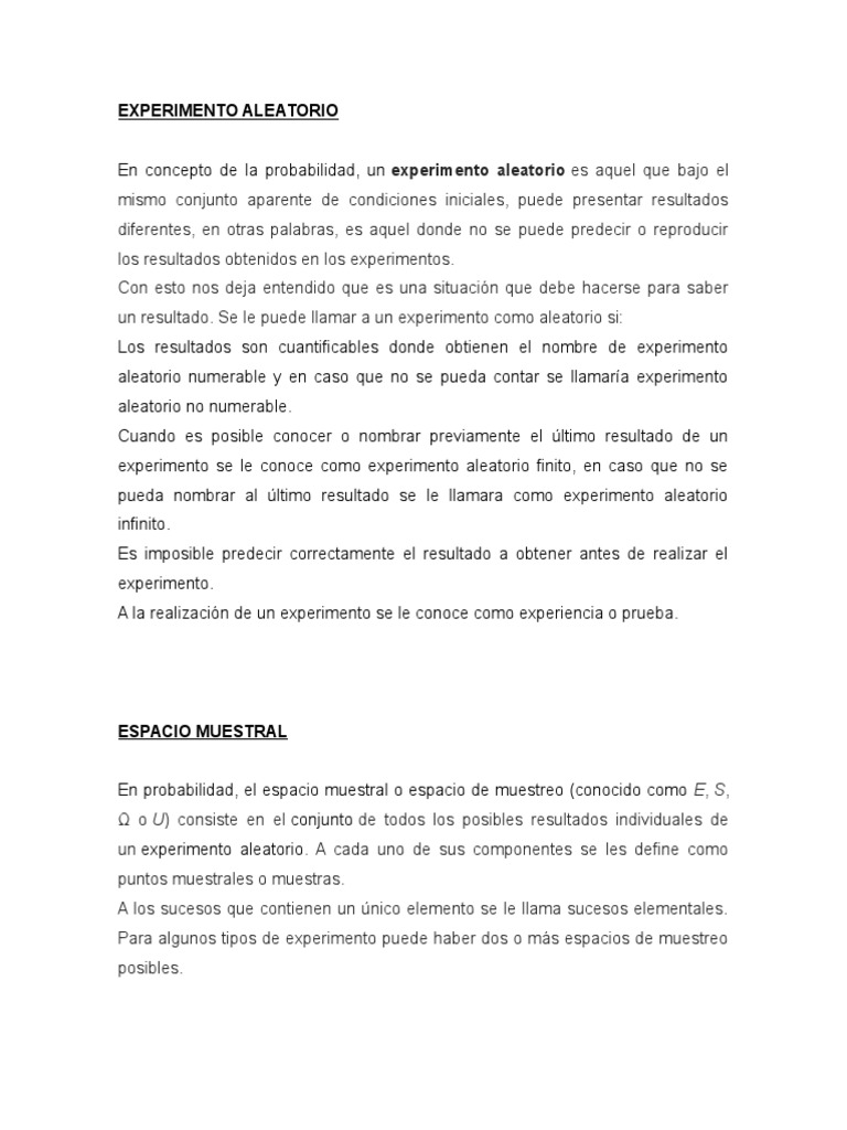 EXPERIMENTO ALEATORIO Probabilidad Conceptos matemáticos