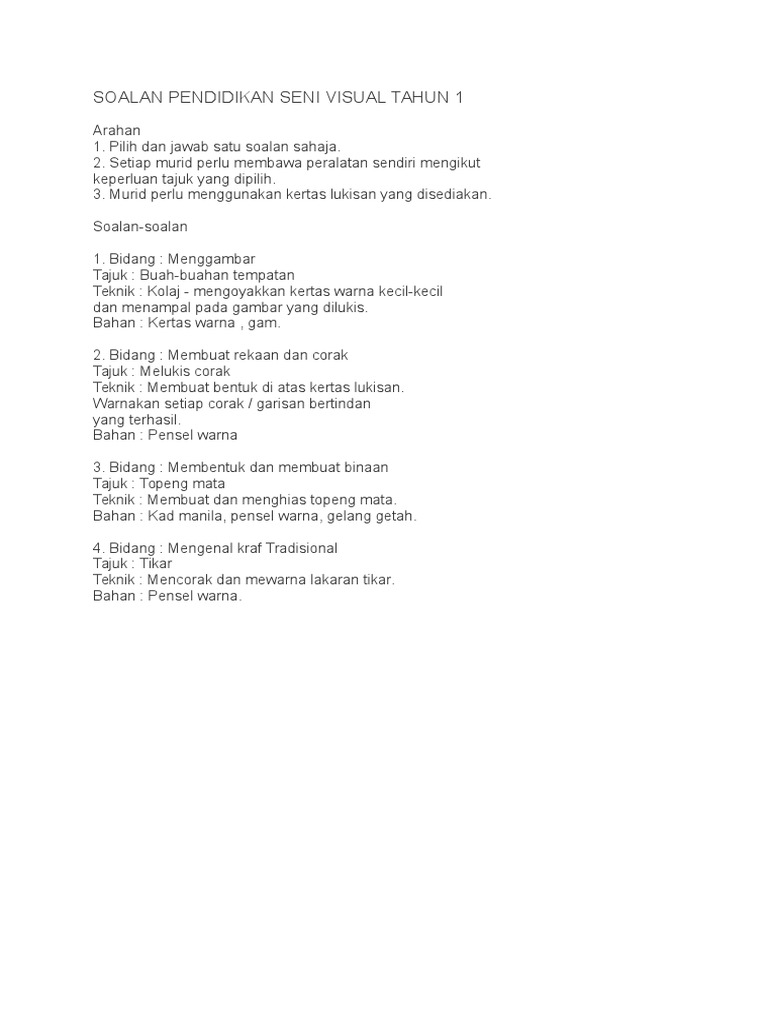 Soalan Pendidikan Seni Visual Tahun 1  PDF