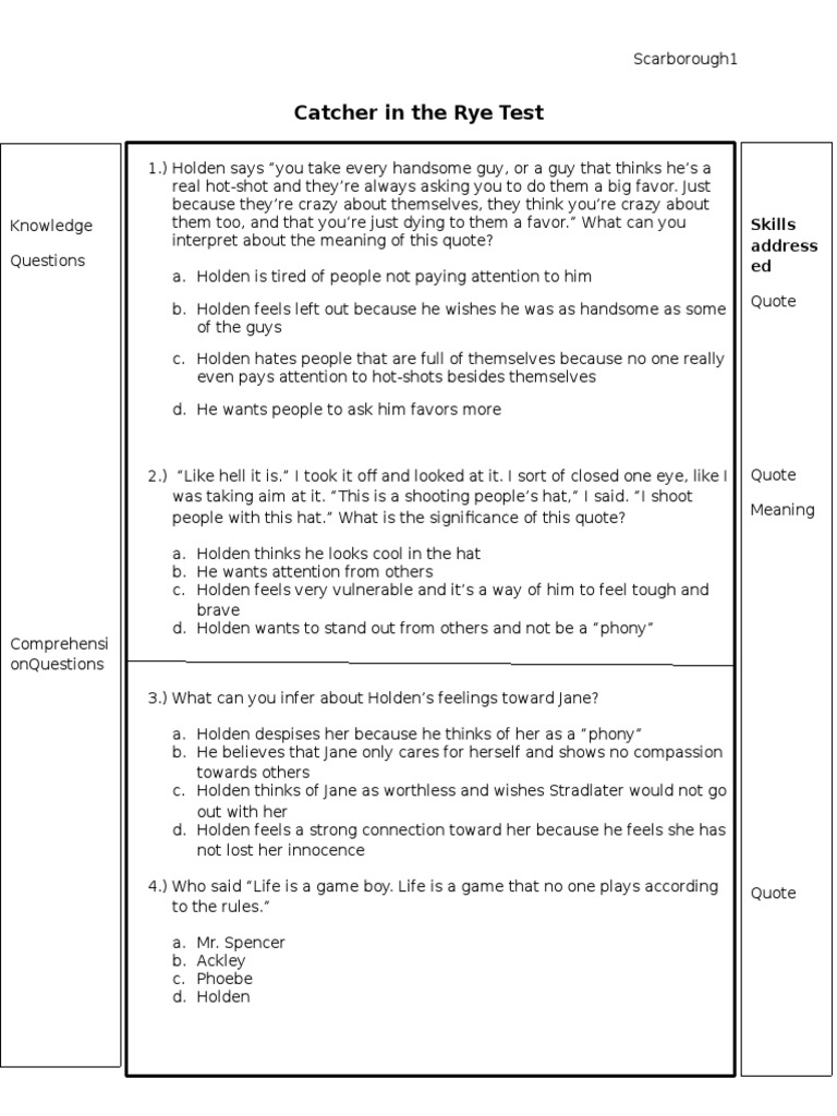 Catcher in The Rye Test PDF