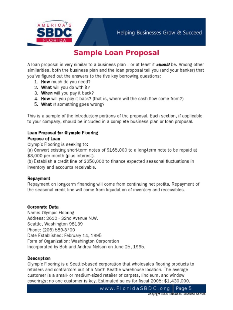 sample of a business plan for a loan