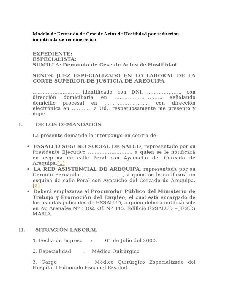 Modelo de Demanda de Cese de Actos de Hostilidad Por Reducción