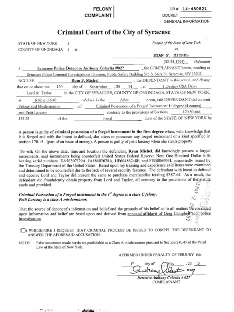 Felony Complaint Against Ryan Michel | PDF