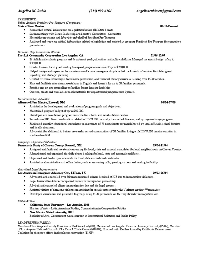 Angelica Rubio 2010 Resume PDF New Mexico Public Sphere