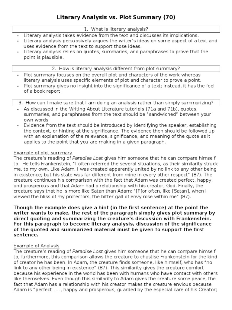 Literary Analysis Vs Plot Summary  PDF  Frankenstein  Literary