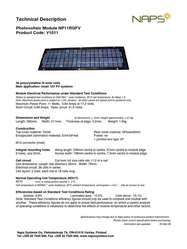 NP11RGFV Photovoltaic Module Specs | PDF
