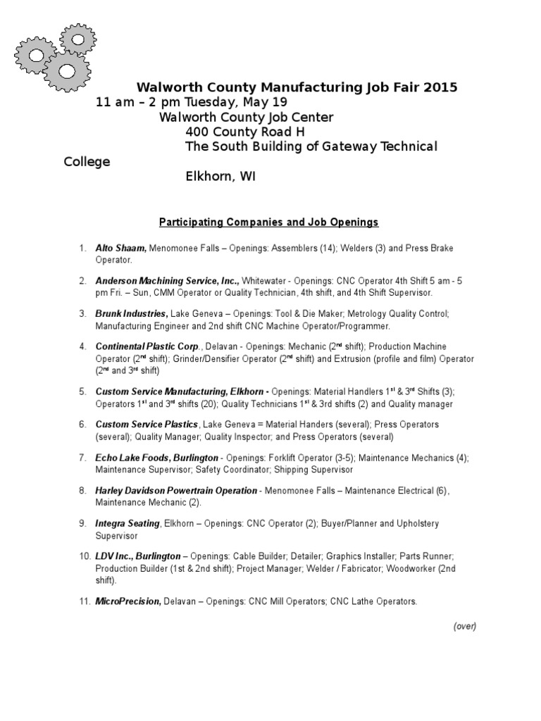 11 Am 2 PM Tuesday, May 19 Walworth County Job Center 400 County Road H The South Building of