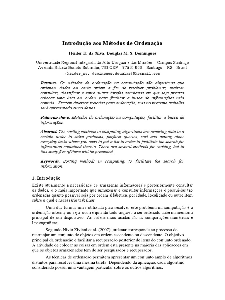 PDF) Análise comparativa de métodos de ordenação