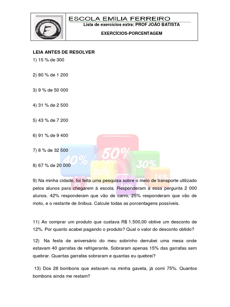 Exercicios de Porcentagem 6º ANO-ESSE | PDF
