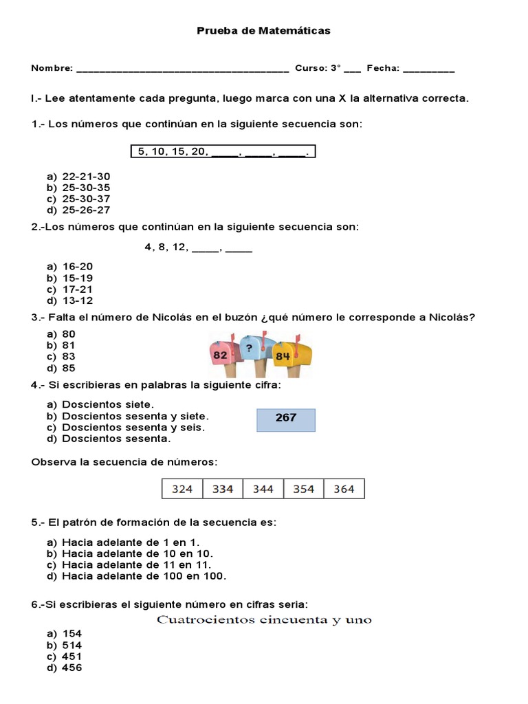 Prueba de Matemáticas 3° BASICO | PDF