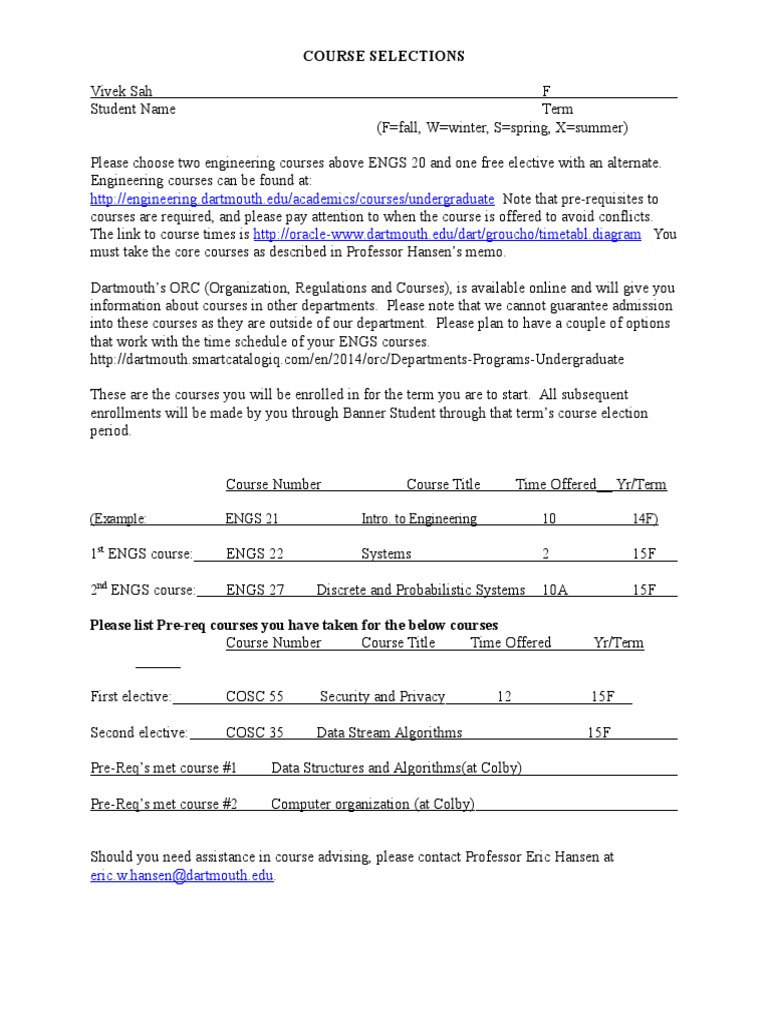 Dartmouth Course Selection | PDF