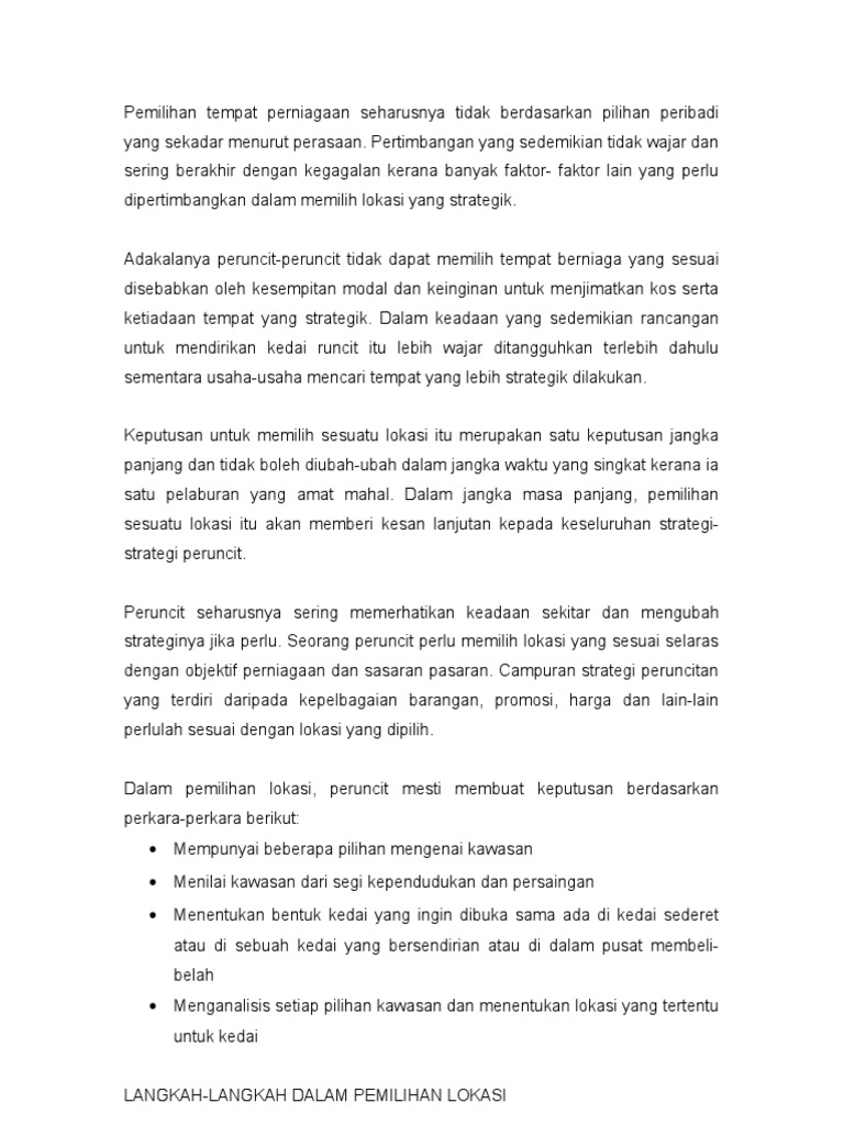 4 Pemilihan Tempat Perniagaan Seharusnya Tidak Berdasarkan Pilihan Peribadi Yang Sekadar Menurut Perasaan Pdf