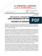 Land Ordinance For Third Time: Mockery of Democracy: PMK Founder Dr. S. Ramadoss Statement