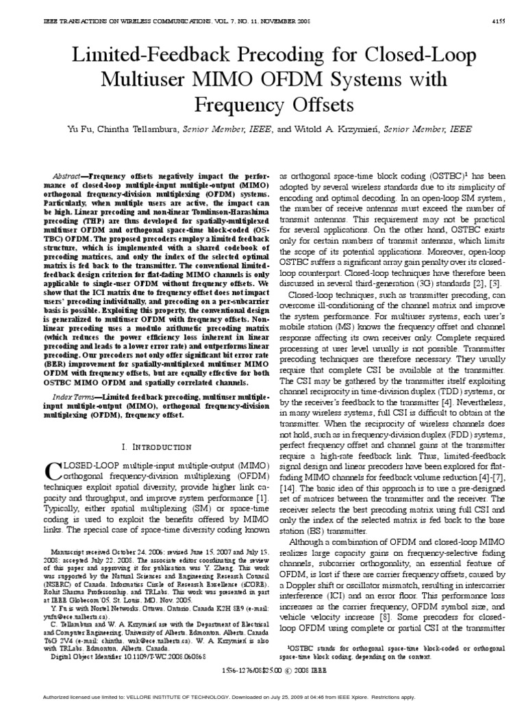Limited-Feedback Precoding For Closed-Loop Multiuser MIMO OFDM System ...