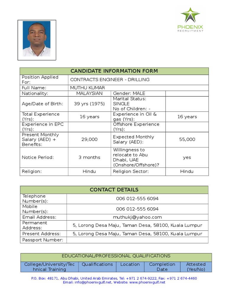 Candidate Information Form: P.O. Box: 48171, Abu Dhabi, United Arab ...