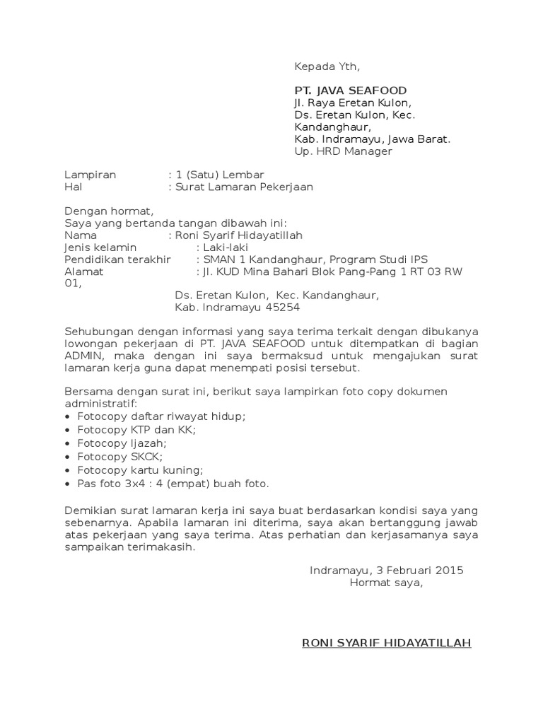 Contoh Surat Lamaran Kerja Pt Boyang Purbalingga Jaya Terus Seperti Yang Termuat Dari Harian Fajar Pada Tanggal 14 Oktober 2011