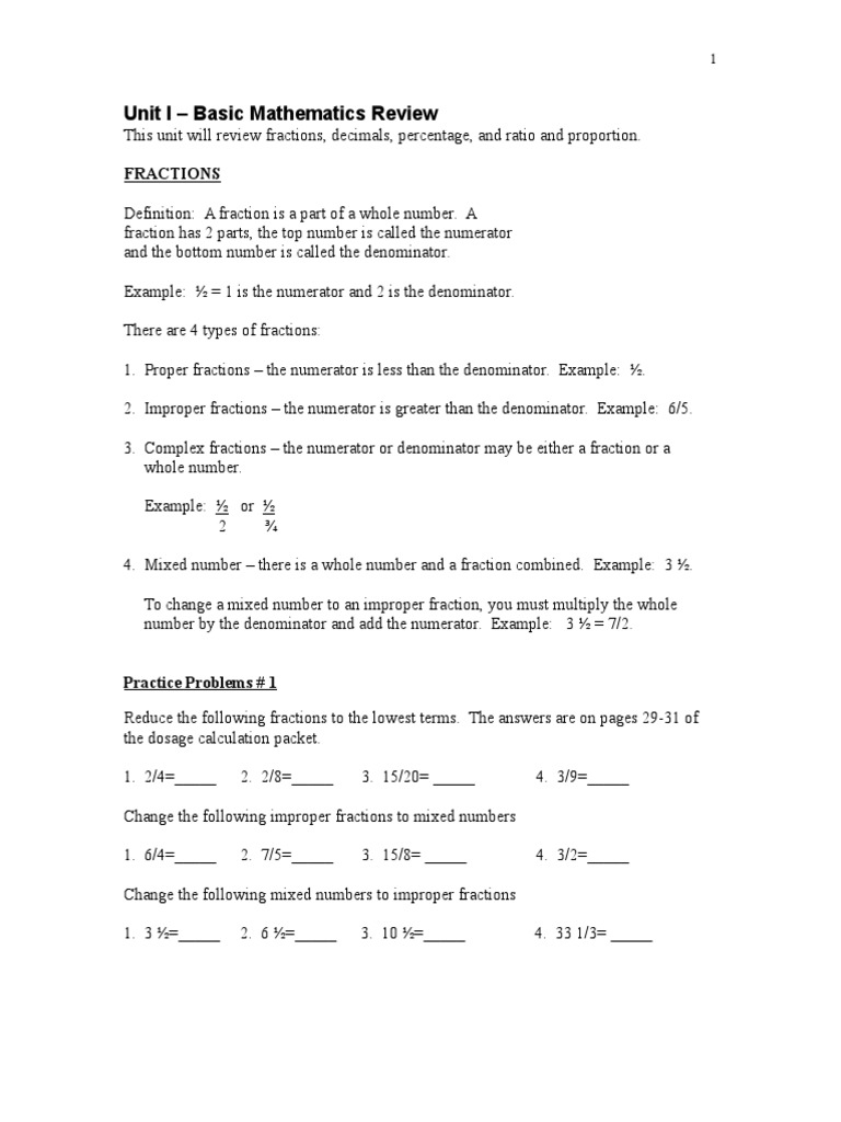 Dosage Calculations Packet Word Fraction Mathematics Division Mathematics