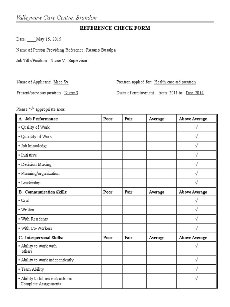 Reference Check Form Final March 2010 | PDF | Employment | Behavioural ...