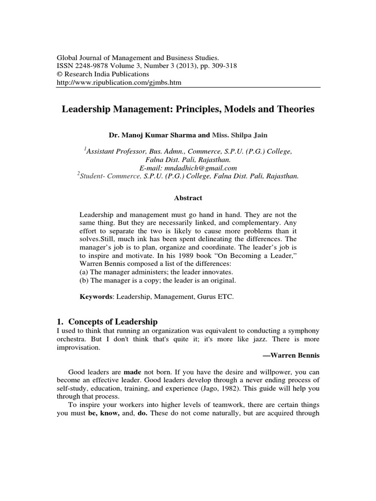Leadership Management: Principles, Models and Theories | PDF