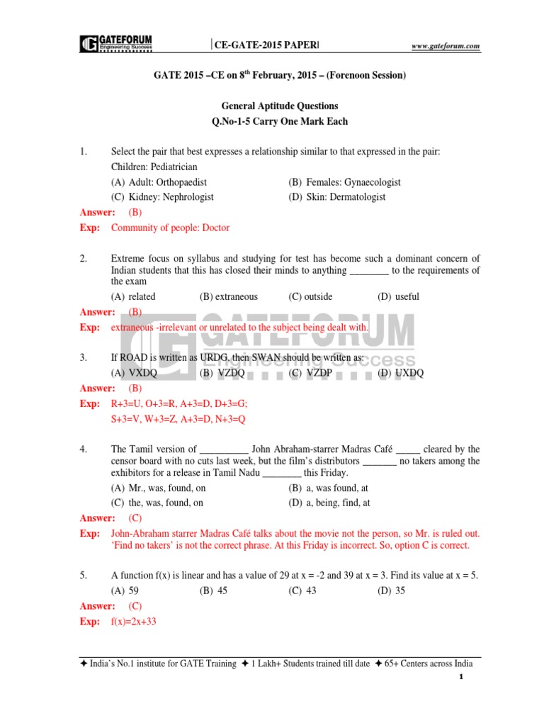 GATE 2015 CE General Aptitude Questions | PDF | Civil Engineering | Physics