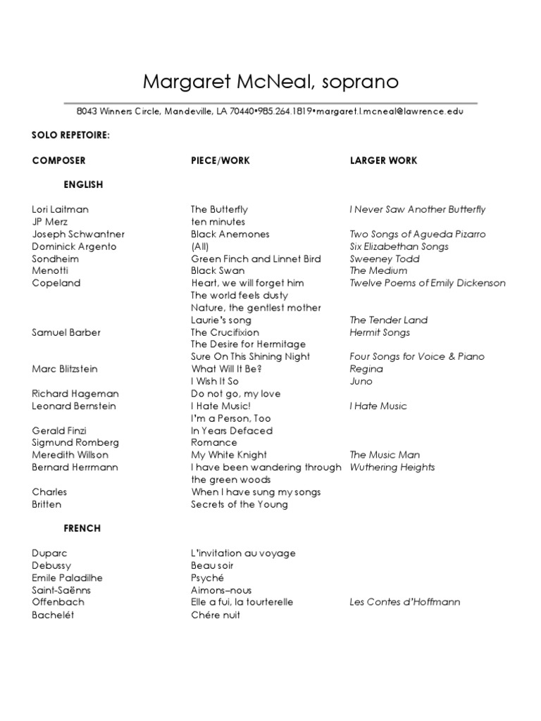 Soprano Vocal Repertoire List | PDF | Classical Musicians | Classical Music