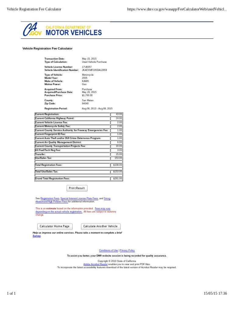 Vehicle Registration Fee Calculator PDF