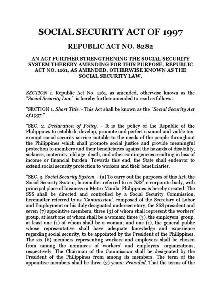 RA 8282 Social Security Act of 1997 Pension Social Security