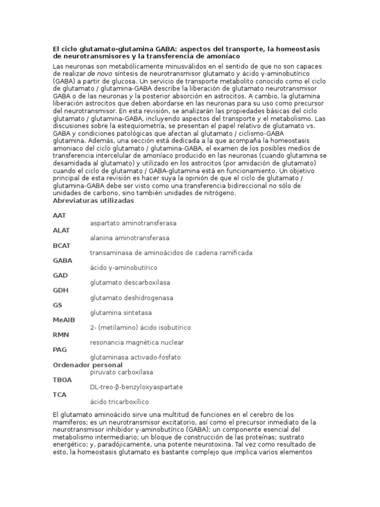 El Ciclo Glutamato PDF Ácido gammaaminobutírico Ácido glutamico