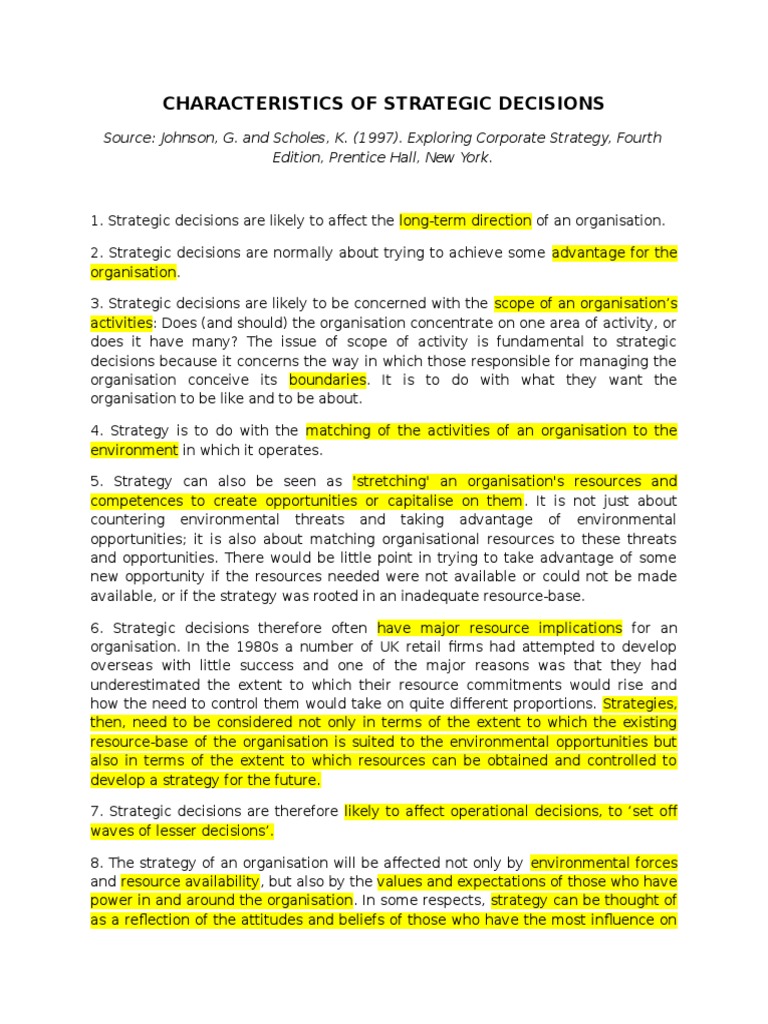 Characteristics of Strategic Decisions Strategic Management