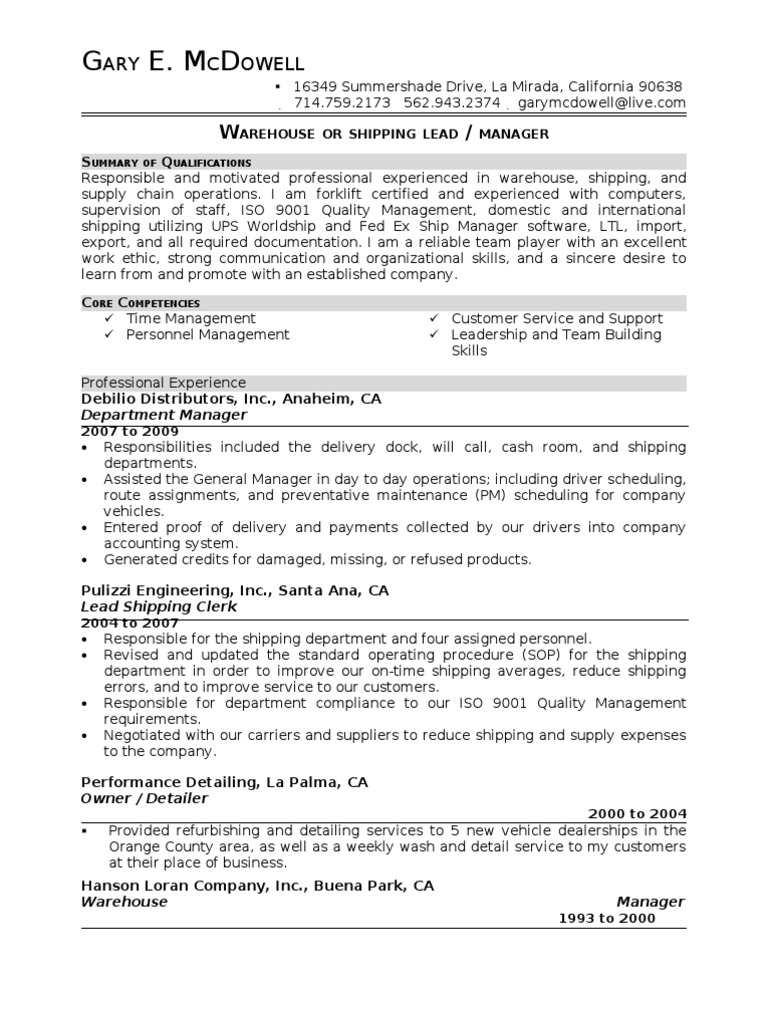 Warehouse Shipping Manager Resume Quality Management Iso 9000