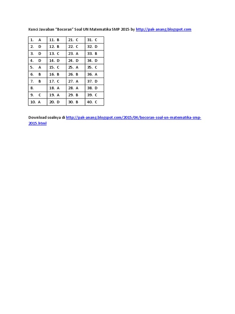Kunci Jawaban Bocoran Soal Un Matematika Smp 2015 By Pak