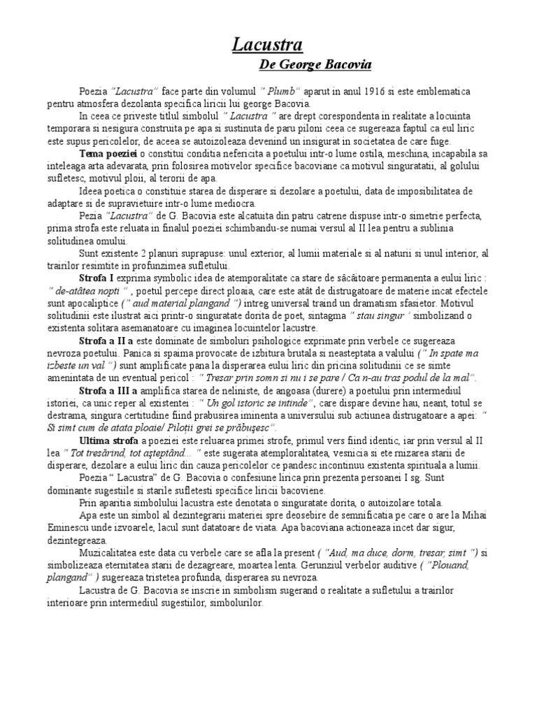 lacustra de george bacovia comentariu
