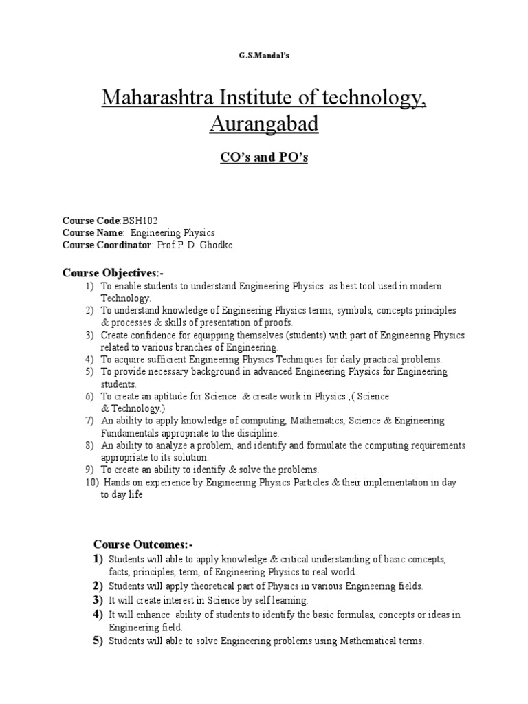 CO & PO of Physics2 PDF Engineering Physics