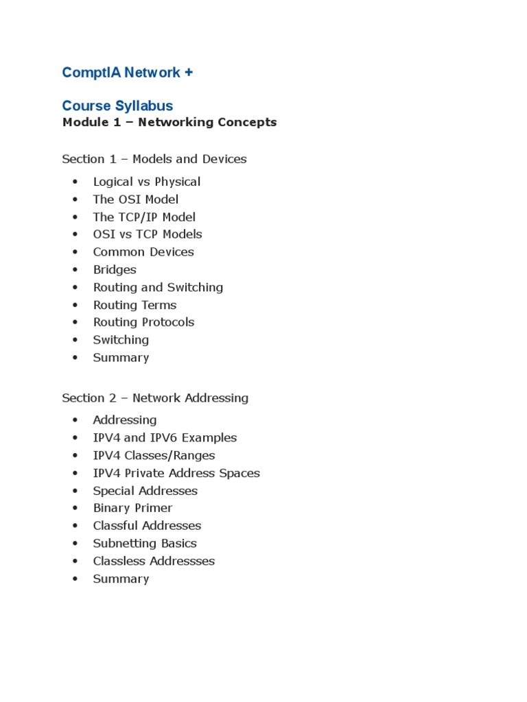 ComptIA Network + Syllabus PDF Network Topology Computer Network