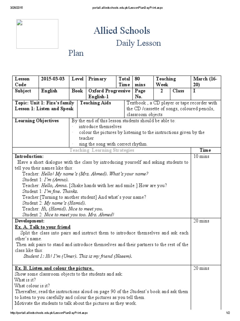 Pakistan Allied School LessonPlan | PDF | Behavior Modification | Learning