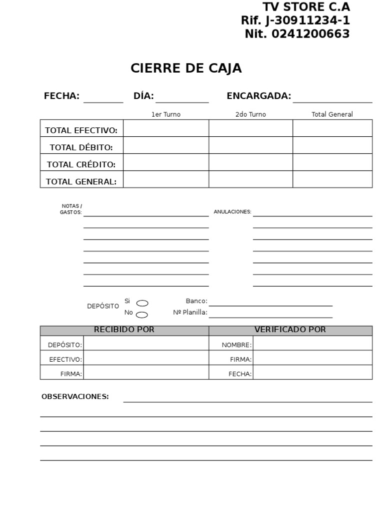 Formato Cierre de Caja PDF